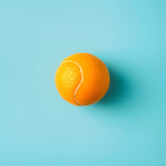 Creative artwork of an orange in the style of tennis ball orange isolated on the blue pastel background.  Conceptual sport minimal art wallpaper with copy space.