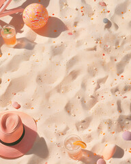 Concept summer background with seashells, hat, cocktails and fish starts on the sandy beach. Vacation conceptual artwork