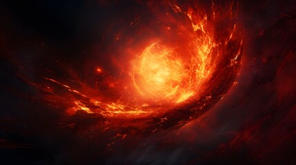 An intense abstract image of a fiery vortex, swirling with bright light and glowing particles that...