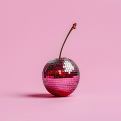 One red cherry like a disco ball isolated on a pink pastel background. Summer conceptual music vibes wallpaer.