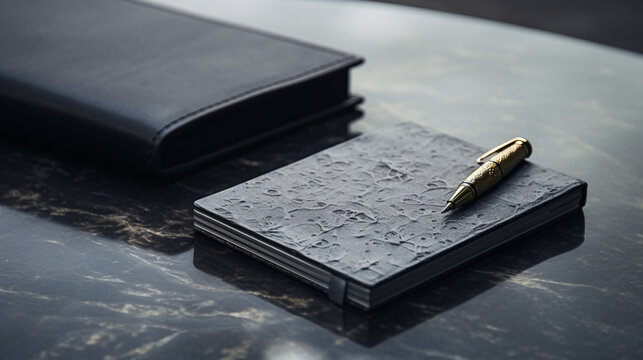 Stylish black fountain pen, notebook, and cigarette.