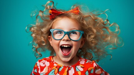 funny child girl wearing glasses on a colored background - obrazy, fototapety, plakaty