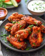 Grilled hot chicken wings with vegetables and sauce