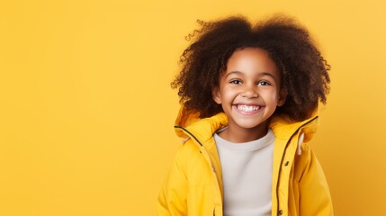 Happy african-american child girl smiling to camera over yellow background - obrazy, fototapety, plakaty