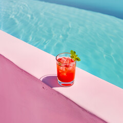 Crystal clear blue water in the swimming pool and refreshment drink. Summer vacation wallpaper
