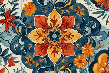 Wandaufkleber Vibrant floral pattern ceramic tiles with intricate designs © Dzmitry