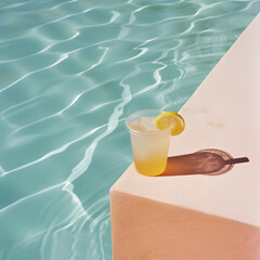 Crystal clear blue water in the swimming pool and orange juice as refreshment. Summer vacation wallpaper