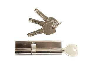 Brass cartridge cylinder with keys isolated on transparent background, png file