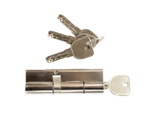 Brass cartridge cylinder with keys isolated on transparent background, png file