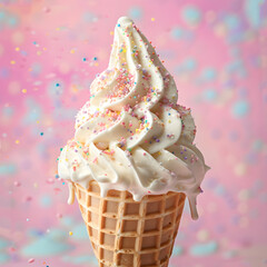 Melting ice cream with whipped cream and cone isolated on pink color background. Summer concept wallpaper