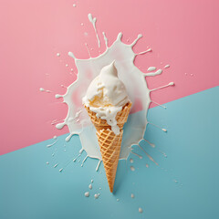 Melting ice cream with cone isolated on pastel blue and peach color background. Summer concept wallpaper