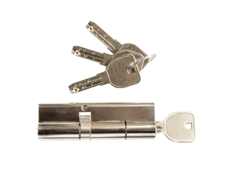Brass cartridge cylinder with keys isolated on transparent background, png file