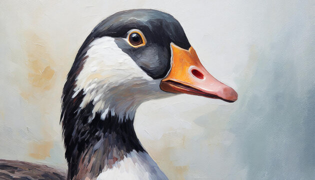 Oil painting of a goose head on pure white background canvas, copyspace on a side