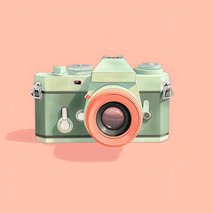 Photo camera with lens isolated on the peach pastel background. 