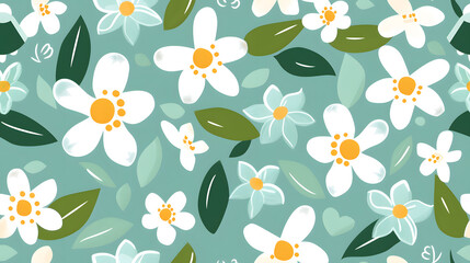 Seamless pattern with white spring flowers on the pastel blue background. Summer conceptual wallpaper