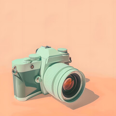 Photo camera with lens isolated on the peach pastel background. 