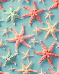 Colorful starfish isolated on pastel blue background. Summer vacation pattern wallpaper
