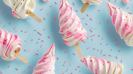 Ice cream background pattern with red cherries on the blue pastel background. Summer concept wallpaper.