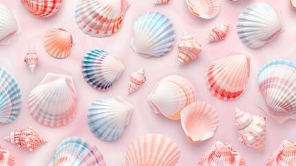 Summer seashell pattern on the pink pastel background, Vacation concept wallpaper idea