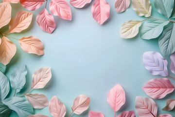 Pink and rose leafs frame with copy space on the pastel blue background. Summer conceptual wallpapper