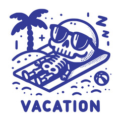 retro art style skeleton sleeping in beach sunset on vacation vector illustration