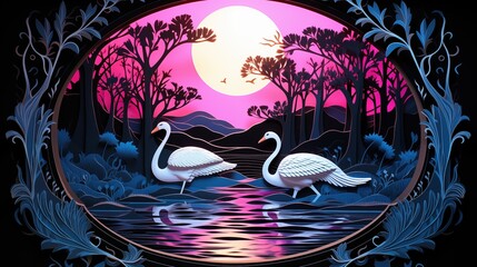 two couple bird under full moon sky at pond in park, Generative Ai