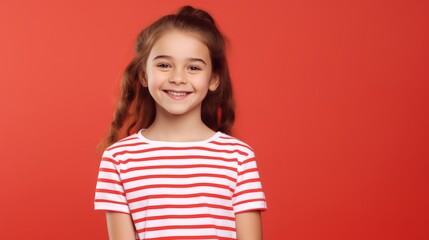 Portrait of cute positive preteen girl in striped shirt looking away and smiling while standing against red background in studio