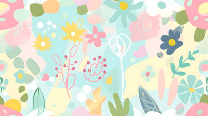 Seamless spring pattern with flowers on the pastel light blue background. 