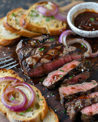 Grilled steak with fried onions, sauce and bread. 