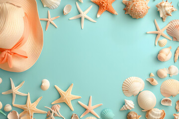 Seashells and sea stars frame on the sand. Summer holiday vacation concept wallpaper.