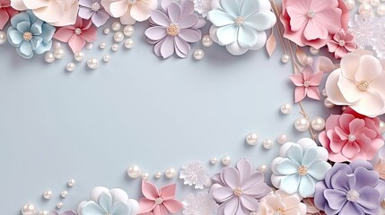 Beautiful gentle spring flowers in pastel colors and shining luxurious pearl forming a frame with empty copy space in the center, photorealistic
