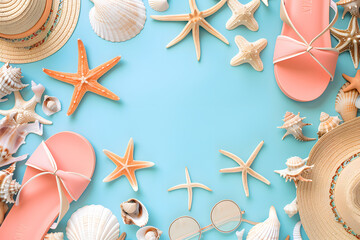 Seashells and sea stars frame on the sand. Summer holiday vacation concept wallpaper.