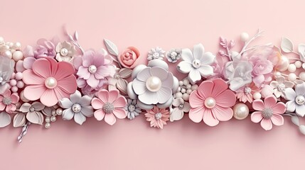 Fototapeta premium Beautiful gentle spring flowers in pastel colors and shining luxurious pearl forming a frame with empty copy space in the center, photorealistic