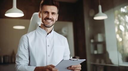 Portrait of smiling male dentist looking at camera in dental clinic interior and holding clipboard, copy space