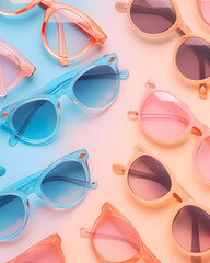 Sunglasses on a blue, peach gradient background. Summer holiday concept wallpaper.