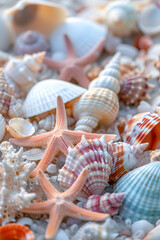 Sea shells and starfish on the sandy beach wallpaper background. Summer holiday concept background