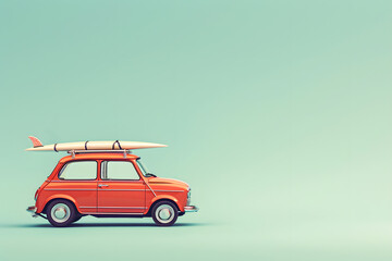 Pastel red car with surfboard isolated on the pastel green background with copy space. Summer vacation concept background.