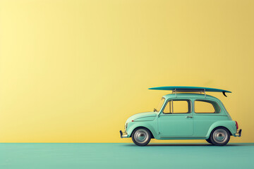 Pastel blue car with surfboard isolated on the pastel yellow background with copy space. Summer vacation concept background.