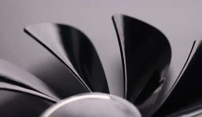 Closeup of black blades cooler of computer background. Computer technology concept