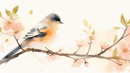 Bird Perched on a Blooming Branch