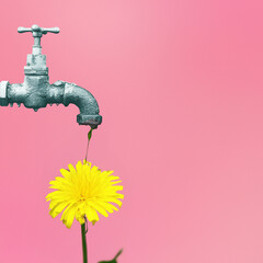 Water drops from the water tap on the yellow spring flower isolated on the pink pastel background.  Summer concept background.