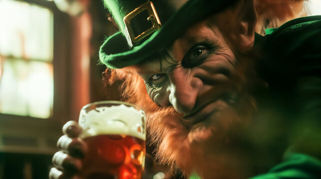 Leprechaun in green hat holding beer, with mischievous smile, evoking spirit of Saint Patrick's Day celebrations