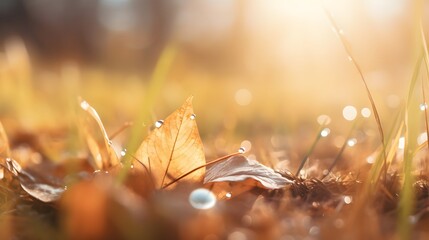 Fallen autumn leaves with dew in grass web banner. Autumn leaves with water drops closeup nature background. Golden autumn leaf in the grass in the sun 
