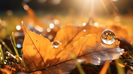 Fallen autumn leaves with dew in grass web banner. Autumn leaves with water drops closeup nature...