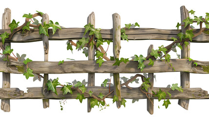 an old wooden fence overgrown with a weaving green ivy leaves, isolated on transparent background