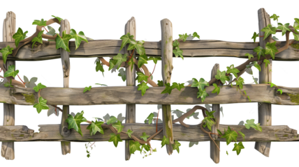 an old wooden fence overgrown with a weaving green ivy leaves, isolated on transparent background