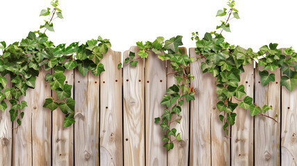 an old wooden fence overgrown with a weaving green ivy leaves, isolated on transparent background - Powered by Adobe