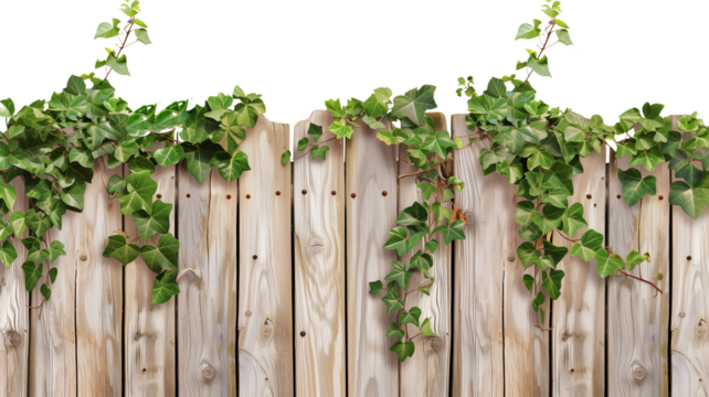 an old wooden fence overgrown with a weaving green ivy leaves, isolated on transparent background