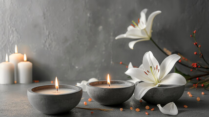 White lily and burning candles and relaxing concept