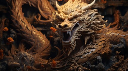 Dragon Head on Wall With Flowers